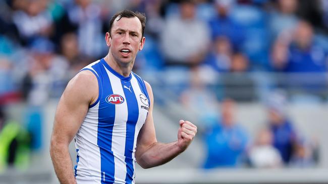 HOBART, AUSTRALIA – AUGUST 6: Todd Goldstein of the Kangaroos celebrates a goal during the 2023 AFL Round 21 match between the North Melbourne Kangaroos and the Melbourne Demons at Blundstone Arena on August 6, 2023 in Hobart, Australia. (Photo by Dylan Burns/AFL Photos via Getty Images)