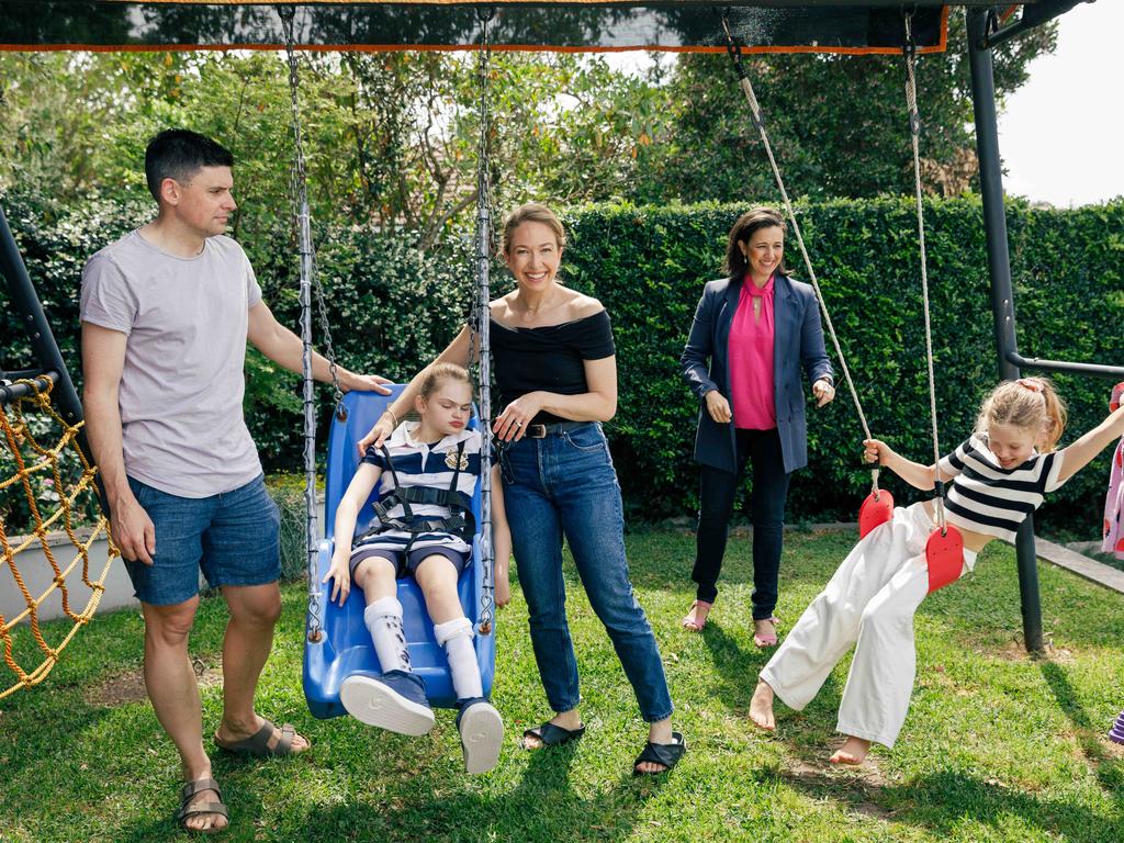 03-11-2024 - Genomics. Josie Fishwick, 12, has the rare genetic condition FOXG1 which leads to multiple developmental difficulties. Pictured with her parents Scott & Sara Fishwick, aunt Natasha Robinson (author of this story), and sisters Alice, 8, and Isabelle (in pink), 4, at home in Penshurst. Picture: Max Mason-Hubers / The Australian