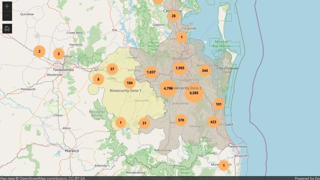 The National Fire Ant Eradication Program map of reported colonies.