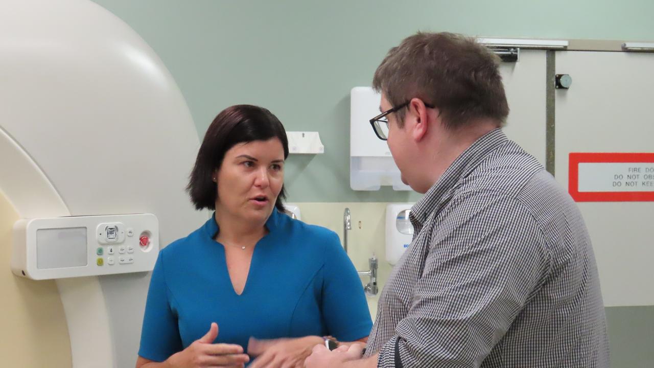 Chief Minister Natasha Fyles speaking with NT Health acting regional executive director Dr Luke Butcher on the 2023 budget. Picture: Annabel Bowles