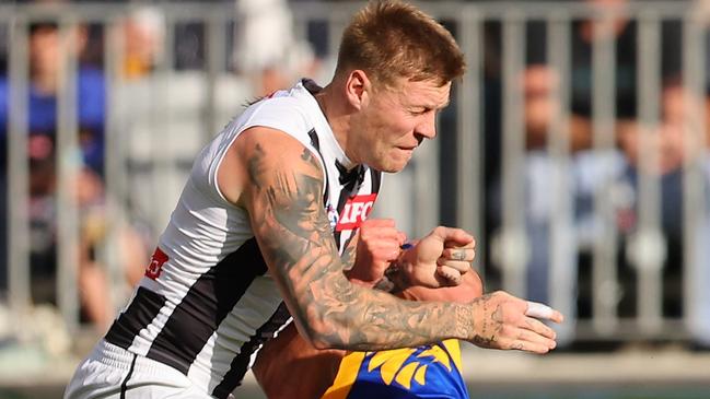 Jordan De Goey was banned for his late, high bump. Photo by Paul Kane/Getty Images