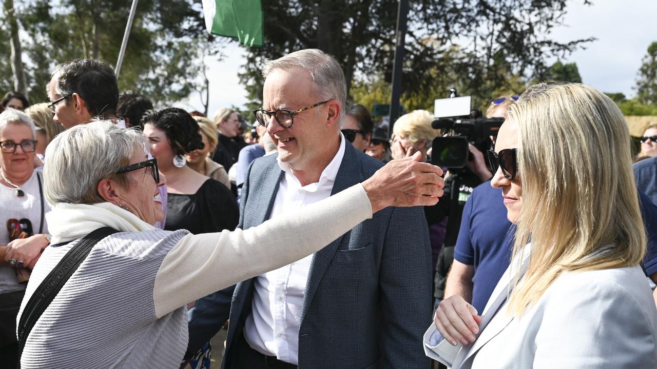 The Prime Minister is marching alongside Social Services Minister Amanda Rishworth, Minister for Women Katy Gallagher and his fiance Jodie Haydon. Picture: NCA NewsWire / Martin Ollman