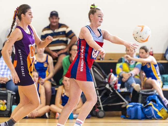 Evie Stower for Darling Downs against Sunshine coast in Queensland School Sport 13-15 Years Girls Netball championships at The clive Berghofer Sports centre, The Glennie School, Friday, May 6, 2022. Picture: Kevin Farmer