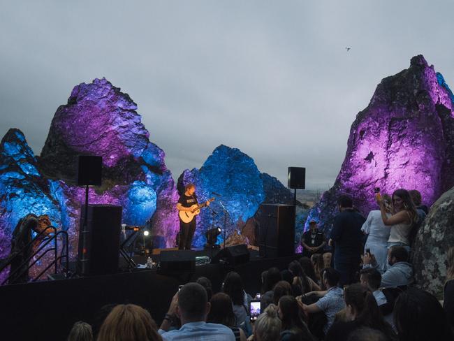 Ed Sheeran performs literally on Hanging Rock last year. Pic: Jaden Oswald