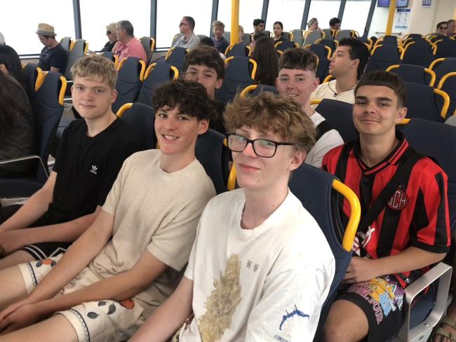 Some of the first passengers to ride on the newly refurbished 'Ocean Rider' ferry on Tuesday were friends (left row) Jackson Brown, Joshua Patfield and Albie Menzies with (right row) Marcus Monnermon, Nate Berry and Angus Randall, all of Blaxland, heading for a swim at Manly Beach. Picture: Jim O’Rourke