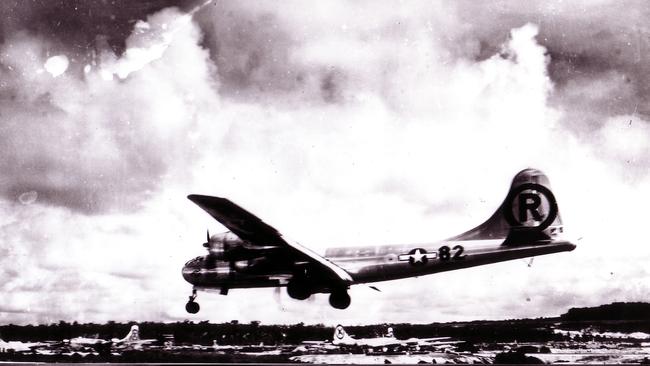 The "Enola Gay," lands on an airstrip on Tinian in the Mariana Islands after dropping an atomic bomb on Hiroshima, Japan. Picture: AFP.