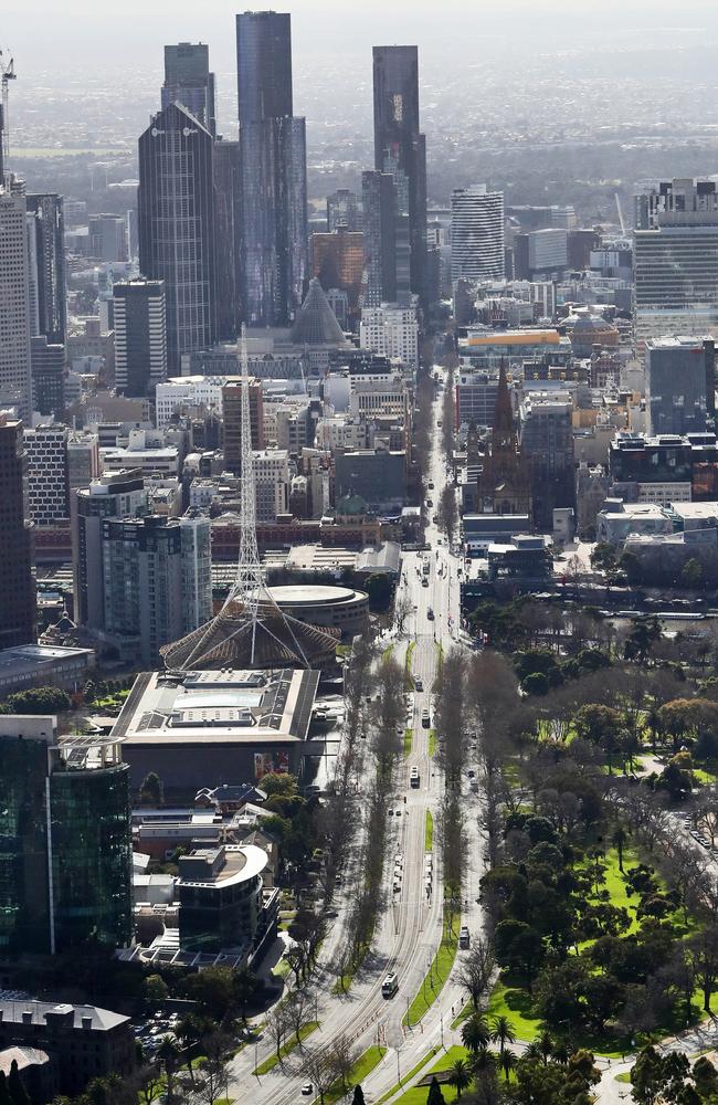 Aerial pictures of empty roads in Melbourne as strict stage 4 lockdowns are enforced. St Kilda road into the city. Aaron Francis/The Australian