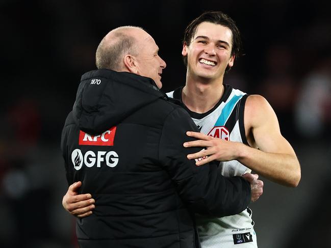 Ken Hinkley and Connor Rozee celebrate a win over St Kilda. Picture: Quinn Rooney/Getty Images.