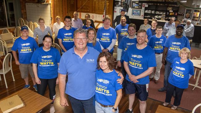 Trevor Watts celebrates his win in Toowoomba North with wife Susan and supporters. Saturday. 31st Oct 2020