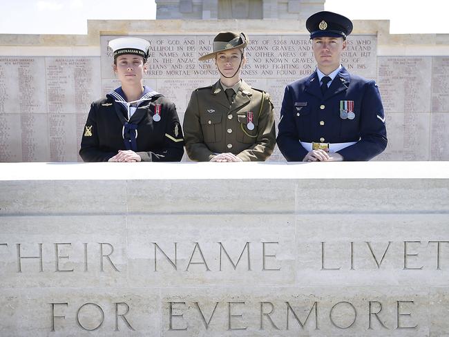 Royal Australian Navy sailor Amanda May,  Private Hannah Bailey and Leading Aircraftman Vincent Lipscombe stand at the Lone Pine memorial. Picture: ADF