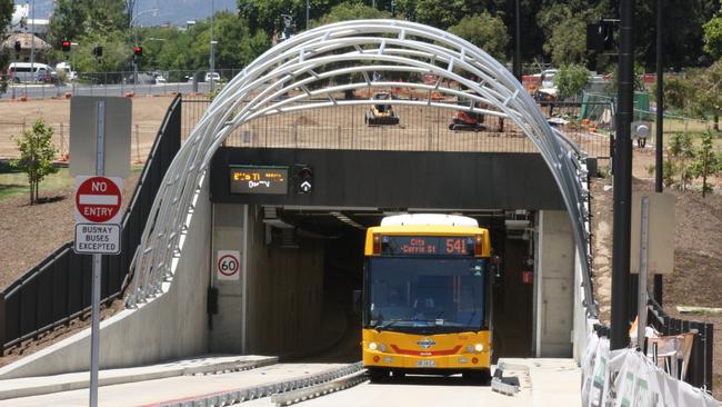 A bus leaves the O-Bahn tunnel off Grenfell St in the Adelaide Parklands. Picture: Eugene Boisvert