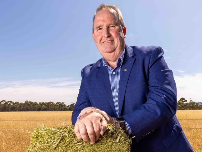 Balco AustraliaÃs CEO Rob Lawson with bales of hay in North Adelaide SA. Pictured on November 15th 2023. Picture: Ben Clark