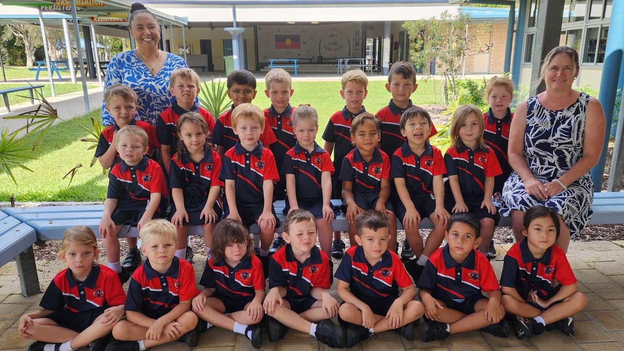 Tin Can Bay P-10 State School. Front (from left) Hailey, Milton, Grace, Roland, Hunter, Elijah, Stormy. Second row back (from left) Axel-James, Karmah, Neo, Candice, Kalkaji, Tyler, Rhylee, Miss Sandra Carroll (teacher). Third row back (from left): Stanley, Chayce, Hassan, Cater, Rafferty, Nalu, Jayde. Back row (from left) Miss Lea Nicholson (teacher aide.)