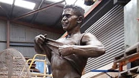 The statue of Nicky Winmar waits in Melbourne for a new home. Picture: Twitter