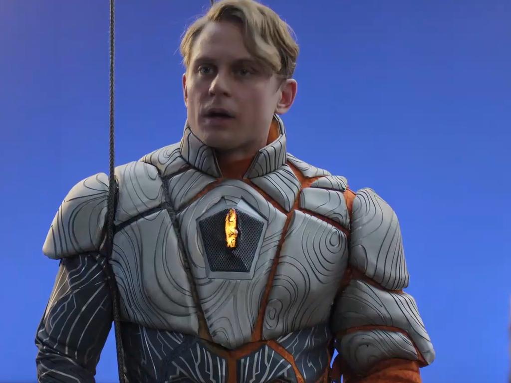 Billy Magnussen as Adam, dressed as superhero Tecto, in <i>The Franchise</i>. Picture: HBO