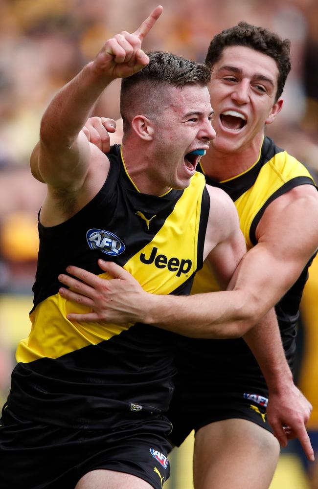 Jack Higgins celebrates a goal with trademark ethusiasm.