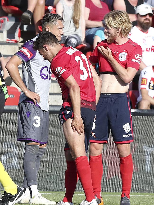 Mirko Boland limps off the Hindmarsh Stadium pitch with a hamstring injury during the clash with Perth Glory in November. Picture: Sarah Reed