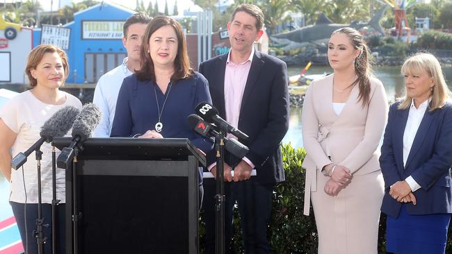 Premier Annastacia Palaszczuk addresses the media, flanked by (from left) Treasurer Jackie Trad, Sea World CEO Clark Kirby, State Development Minister Cameron Dick, Member for Gaven Meaghan Scanlon and Gold Coast city councillor Donna Gates. Picture Richard Gosling