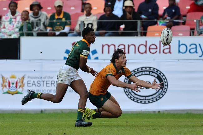 Finn Prass of Australia and Siya Ndlozi of South Africa during the U20 Rugby Championship match between Junior Springboks and Australia. Photo by Richard Huggard – Gallo Images/Getty Images.