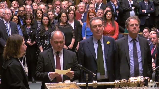 The tellers (L-R) Labour Party MP Bambos Charalambous, Labour Party MP Nick Smith and Conservative MP Alister Jack deliver the result of the amended motion on ruling out leaving the EU with no deal. Picture; AFP. 