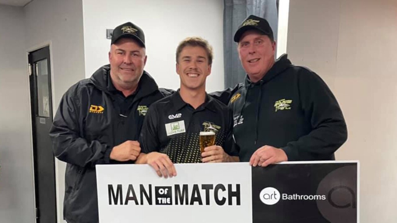 Caloundra Sharks captain Ben Marshall has enjoyed his return to the field after breaking his jaw in two places in March. He got man of the match in his second game back. Pictured with assistant coach Craig Cleary and coach Leigh de Jersey.