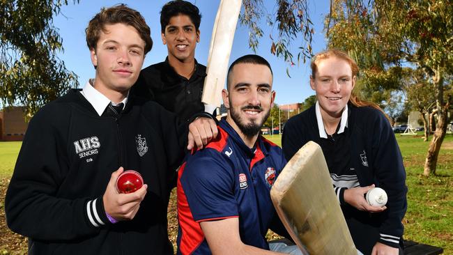 Adelaide High offers a specialist cricket program: Students Erik Carrington, Tejas Gill and Rachel Church are pictured here with former student, Redbacks player Cam Valente. Picture: Keryn Stevens