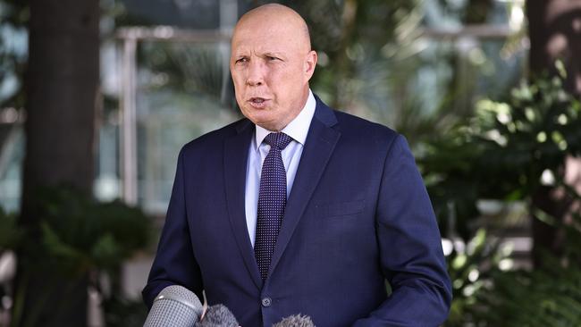 The Leader of the opposition Peter Dutton speaking at a press conference in Brisbane. Picture: Tara Croser