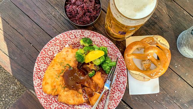 The Bavarian’s Jaegerschnitzel with red cabbage and pretzels. Picture: Jenifer Jagielski