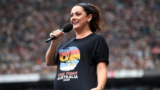 Celeste Barber speaks during the Fire Fight Australia bushfire relief concert at ANZ Stadium in Sydney in February. Picture: AAP