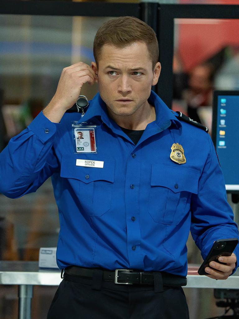 Egerton plays TSA agent Ethan Kopek in the Netflix blockbuster Carry-On. Picture: Sam Lothridge/Netflix