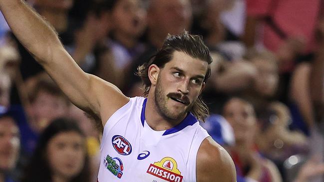 AFL Round 3.   02/04/2021.  North Melbourne vs Western Bulldogs at Marvel Stadium, Melbourne.   Bulldog Josh Bruce celebrates his 6th goal of the day in the third quarter  . Pic: Michael Klein