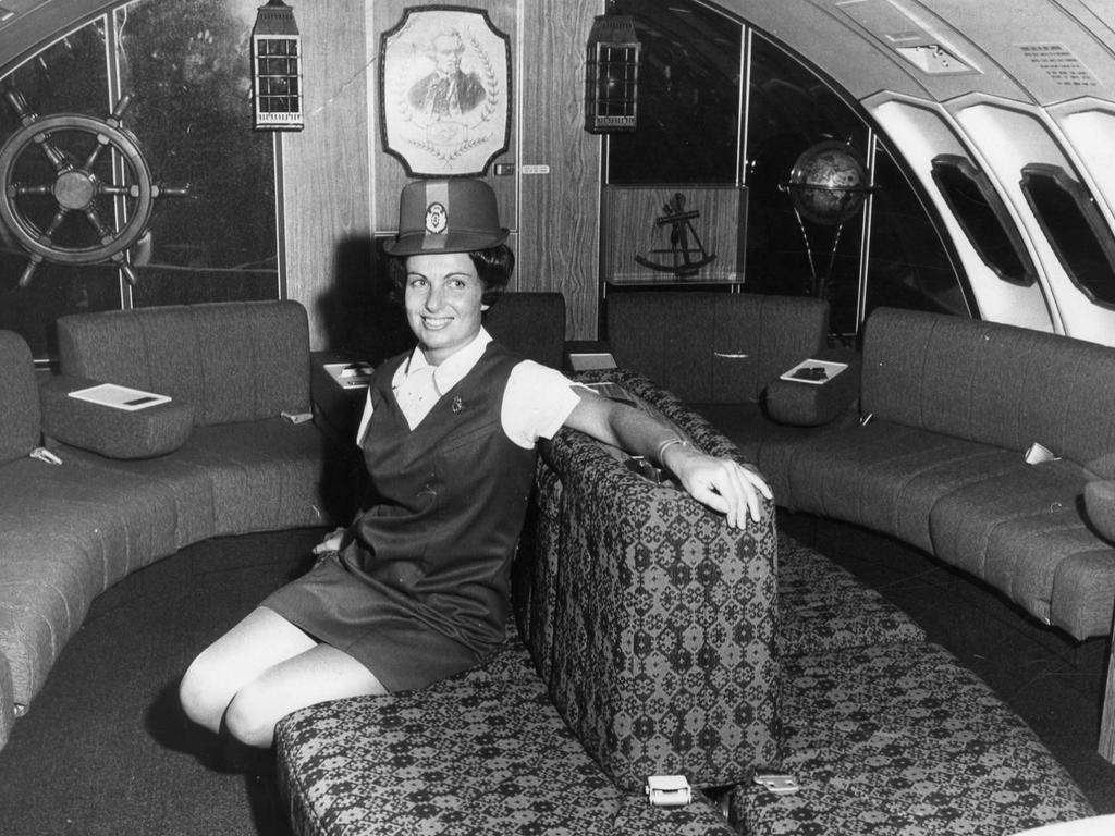 Qantas air hostess Jenny Colley, 26, of Clarence Gardens, in the "Captain Cook" lounge of Boeing 747 jumbo jet aeroplane "City of Sydney" after landing at Adelaide Airport on November 30, 1971.