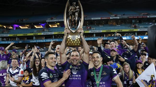 Slater with Cam Smith and Cooper Cronk after the 2017 decider. Pic. Brett Costello