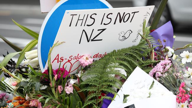 Floral tributes grow near the Al Noor mosque on Deans Rd, Christchurch. Picture: Fiona Goodall/Getty Images.