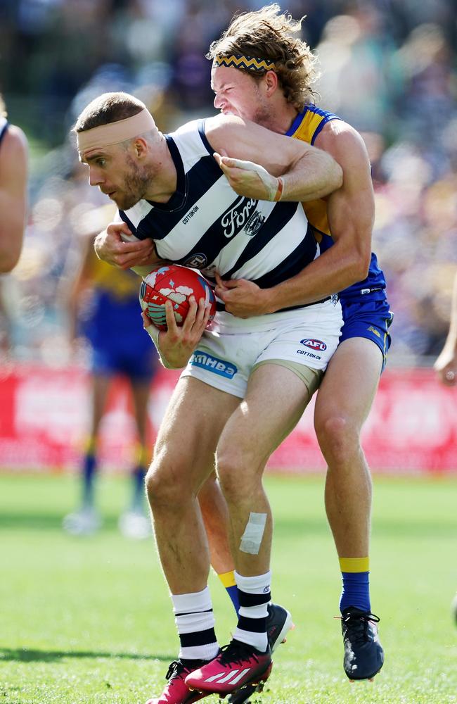 Guthrie gets held up. Picture: James Elsby/AFL Photos via Getty Images