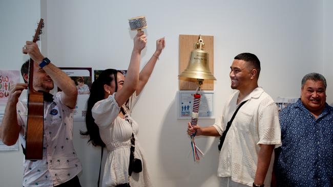 Jireh rings the end-of-treatment bell. Picture: Nikki Short