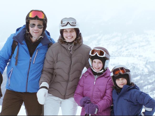 Happiness of a memorable holiday shattered ... Tomas (Johannes Kuhnke) and Ebba (Lisa Loven Kongsli) with their children Vera (Clara Wettergren) and Harry (Vincent Wettergren) in a scene from Force Majeure.