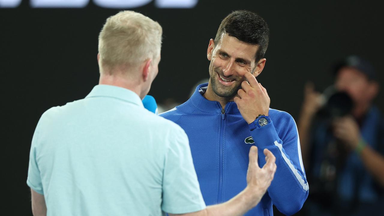 Novak Djokovic seemed to enjoy his post-match chat with Jim Courier. (Photo by Daniel Pockett/Getty Images)