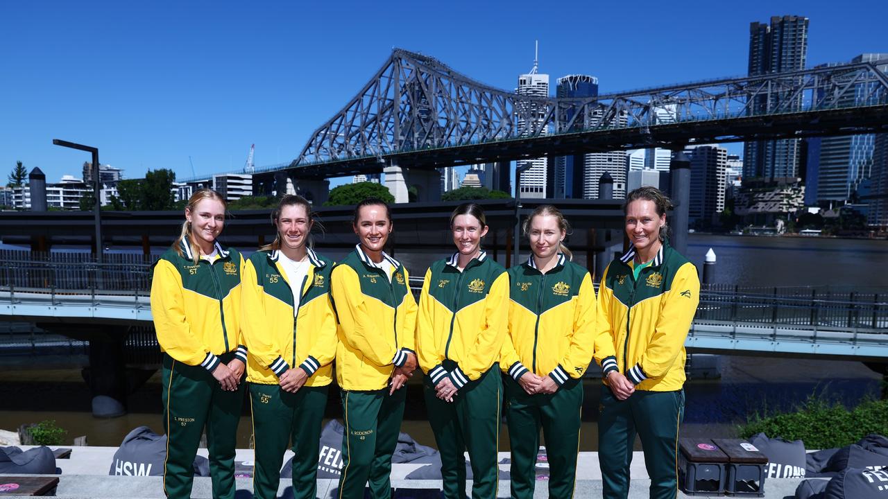 BRISBANE, AUSTRALIA - APRIL 11: Team Australia Daria Saville, Arina Rodionova, Storm Hunter, Ellen Perez, Taylah Preston and Captain Sam Stosur pose after the Official Draw at Howard Smith Wharves ahead of the Billie Jean King Cup tie between Australia and Mexico at Pat Rafter Arena on April 11, 2024 in Brisbane, Australia. (Photo by Chris Hyde/Getty Images)