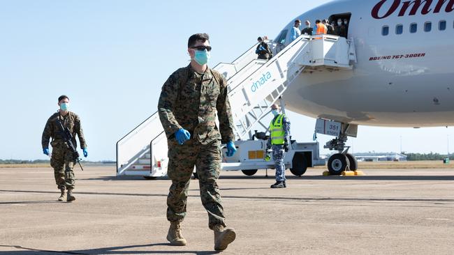 The first 200 US Marines from the 2020 Marine Rotational Force pictured arriving in Darwin on Tuesday. The Marines observed strict COVID-19 health requirements on their arrival. Picture: Supplied