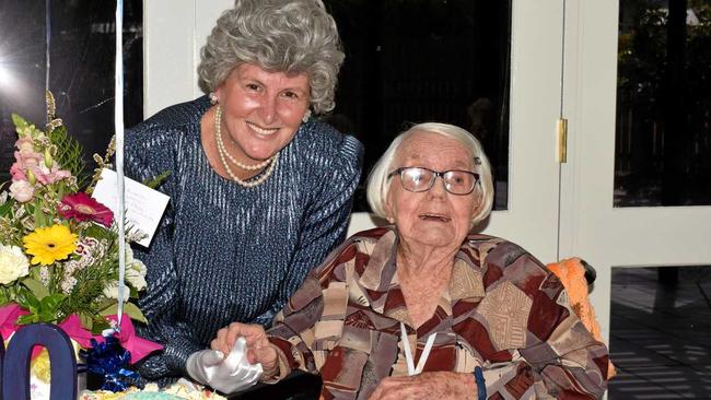 Betty Anderson received a visit from 'the Queen' (Leister Place's recreation officer Jeanette McMaster) during her 100th birthday celebrations Tuesday. Picture: Jann Houley