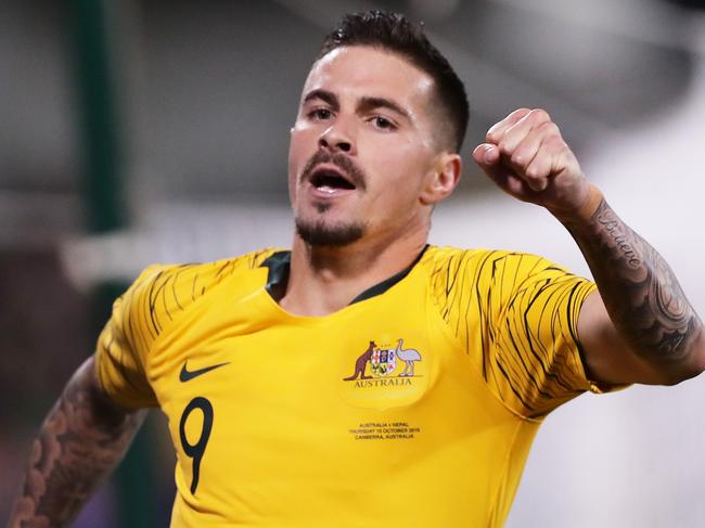 CANBERRA, AUSTRALIA - OCTOBER 10: Jamie Maclaren of the Socceroos celebrates scoring the last goal during the FIFA World Cup Qatar 2022 and AFC Asian Cup China 2023 Preliminary Joint Qualification Round 2 match between the Australian Socceroos and Nepal at GIO Stadium on October 10, 2019 in Canberra, Australia. (Photo by Matt King/Getty Images)