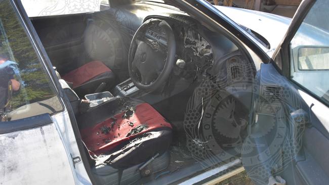 Geoffrey McLean’s car was burnt out in an arson attack. Picture: SA Police