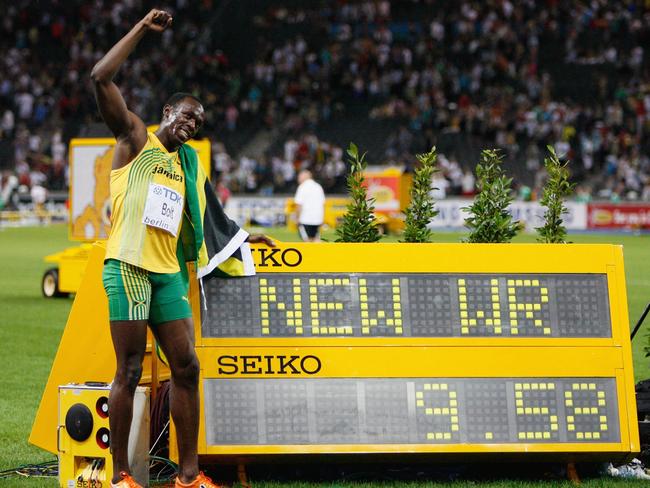 Usain Bolt of Jamaica celebrates winning the gold medal in the men’s 100 Metres Final at the World Athletics Championships in Berlin on August 16, 2009. He set a new World Record of 9.58. Picture: Getty