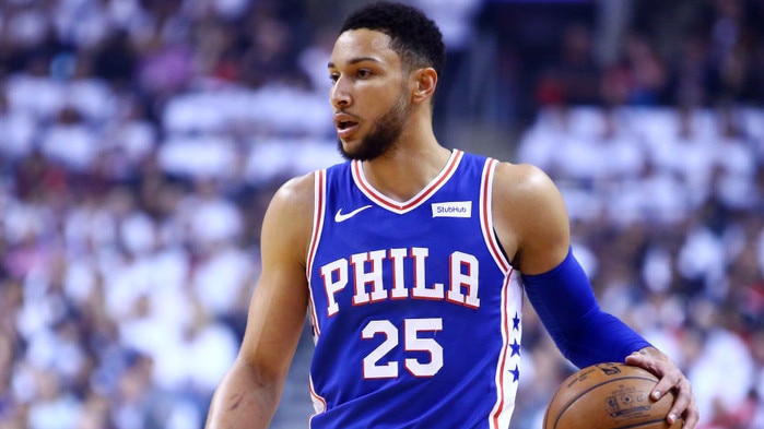 TORONTO, ON - MAY 07:  Ben Simmons #25 of the Philadelphia 76ers dribbles the ball during Game Five of the second round of the 2019 NBA Playoffs against the Toronto Raptors at Scotiabank Arena on May 7, 2019 in Toronto, Canada.  NOTE TO USER: User expressly acknowledges and agrees that, by downloading and or using this photograph, User is consenting to the terms and conditions of the Getty Images License Agreement.  (Photo by Vaughn Ridley/Getty Images)