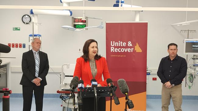 Queensland Premier Annastacia Palaszczuk discusses the current COVID-19 situation at Gladstone Hospital. Picture: Rodney Stevens