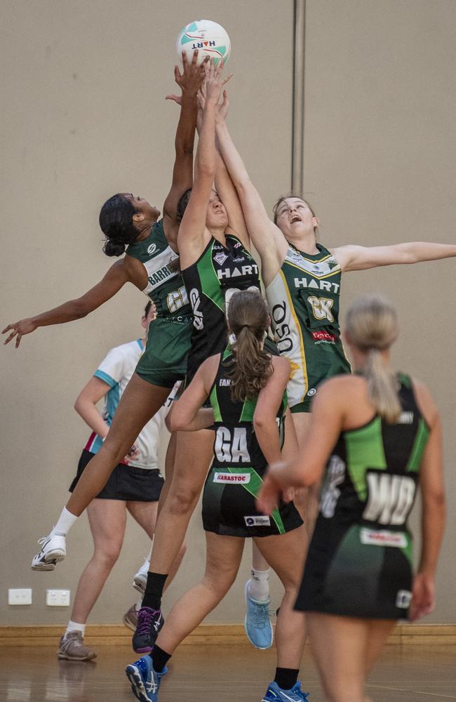 Jets Rubies co-captain Hana Barretto gets heavily involved during a game against the Panthers this season. Picture: Nev Madsen.