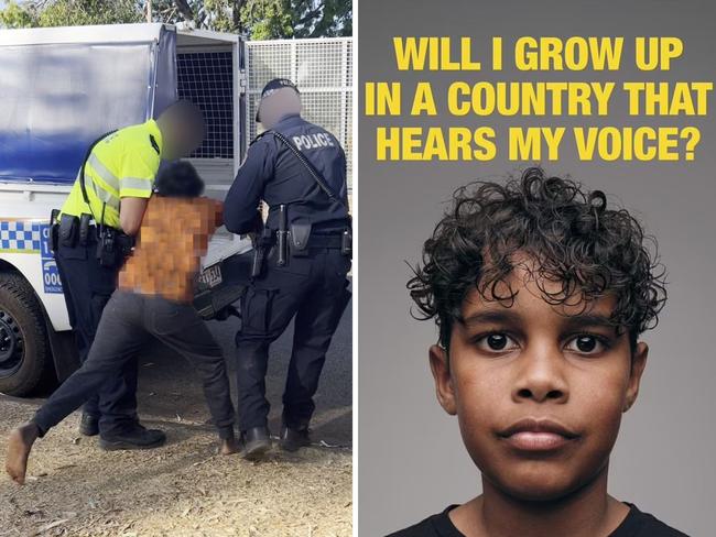 An Indigenous child being taken by force in the NT, left, the Yes campaign's new ad, right.