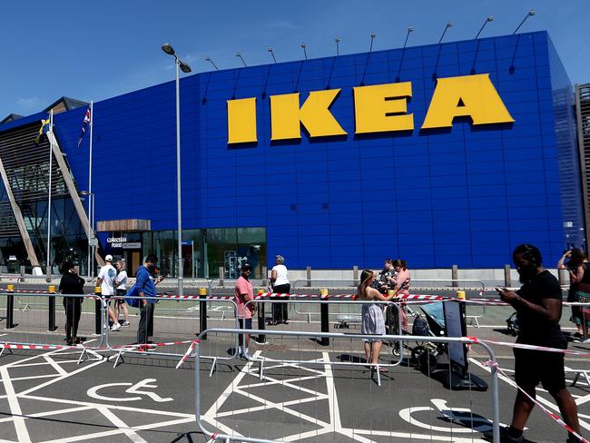 LONDON, UNITED KINGDOM - JUNE 01: A general view as people queue outside of Ikea Greenwich on June 01, 2020 in London, United Kingdom. The furniture and housewares chain reopened its stores across England and Northern Ireland subject to several restrictions, keeping its restaurants closed and asking customers to shop alone. (Photo by Alex Pantling/Getty Images)