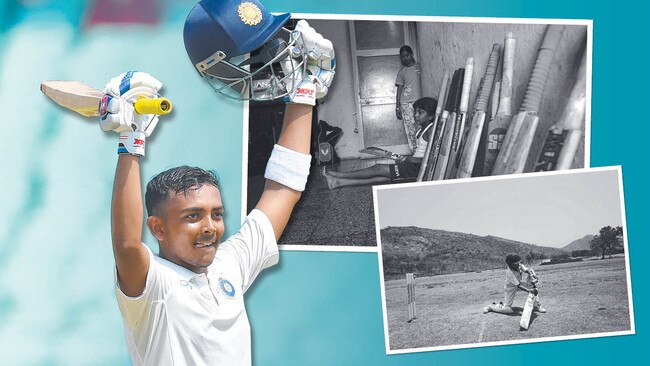 Prithvi Shaw celebrates a century on debut for India against the West Indies in October. Insets: a cricket-obsessed boy who played on dusty fields. Picture: AFP